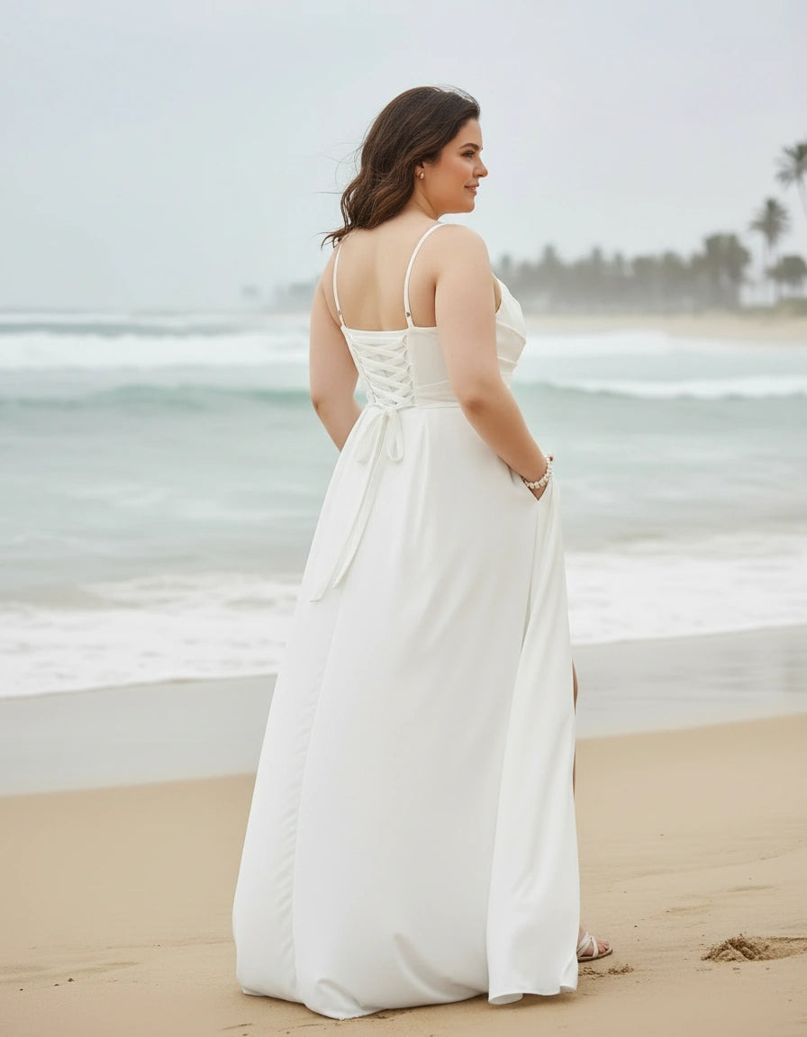 Spaghetti Straps Pleated Bodice Satin A-line Wedding Dress with Slit and Pockets