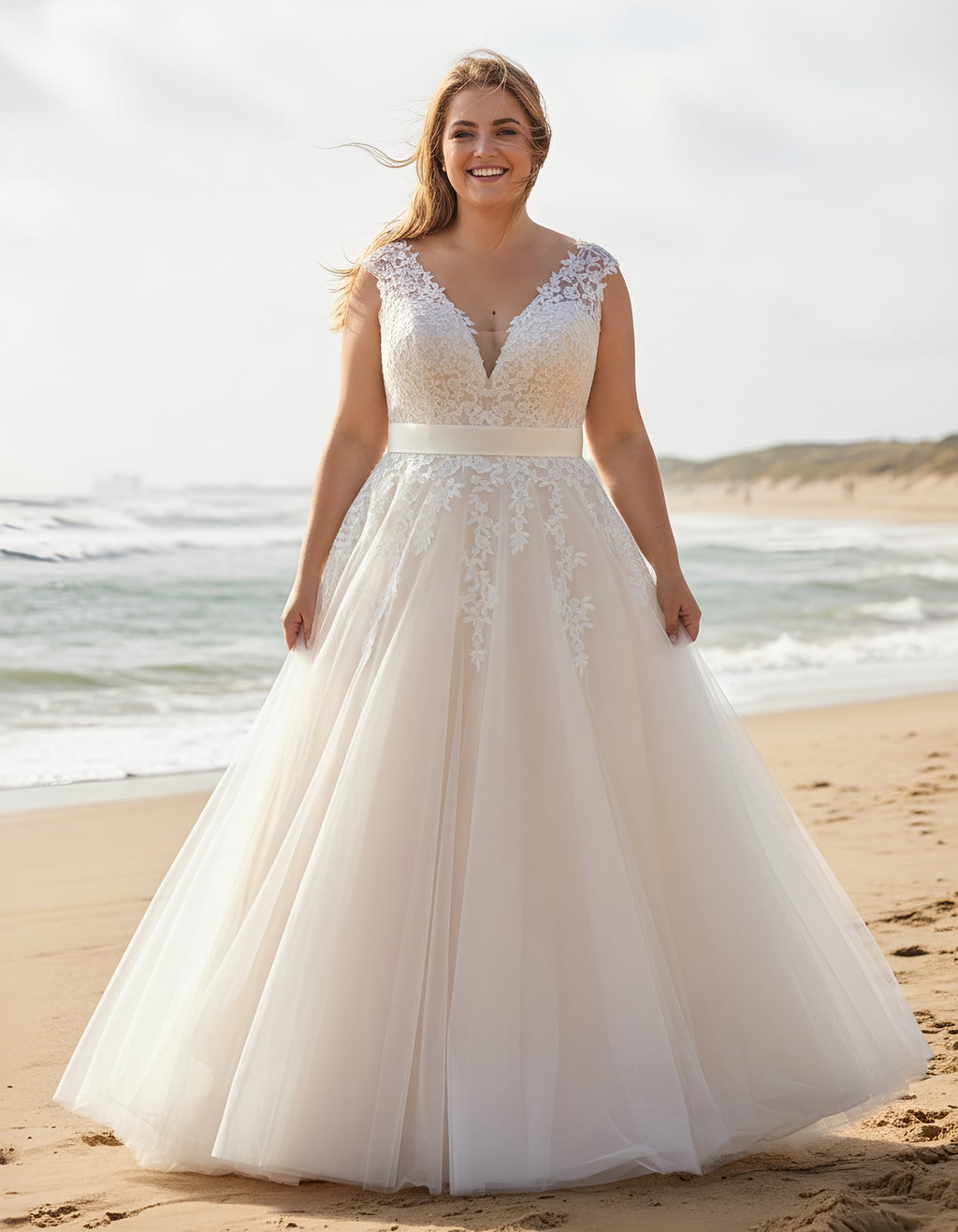 Cap Sleeves V-neck Lace and Tulle Princess Plus Size Bridal Gown
