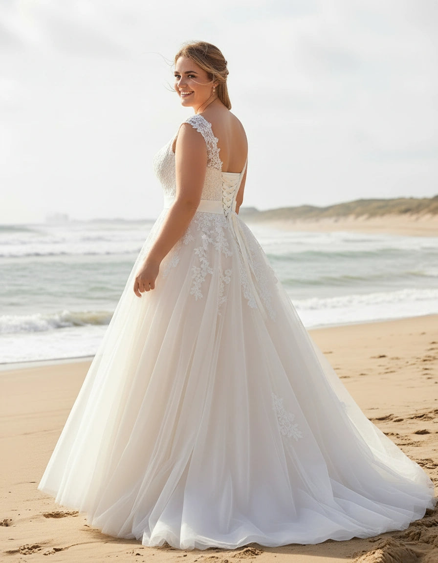 Cap Sleeves V-neck Lace and Tulle Princess Plus Size Bridal Gown