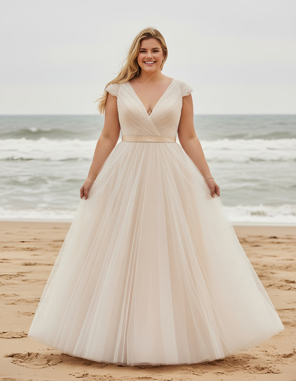 Plus Size Cap Sleeves V-neck Pleated Tulle Princess Bridal Gown with Detachable Sash