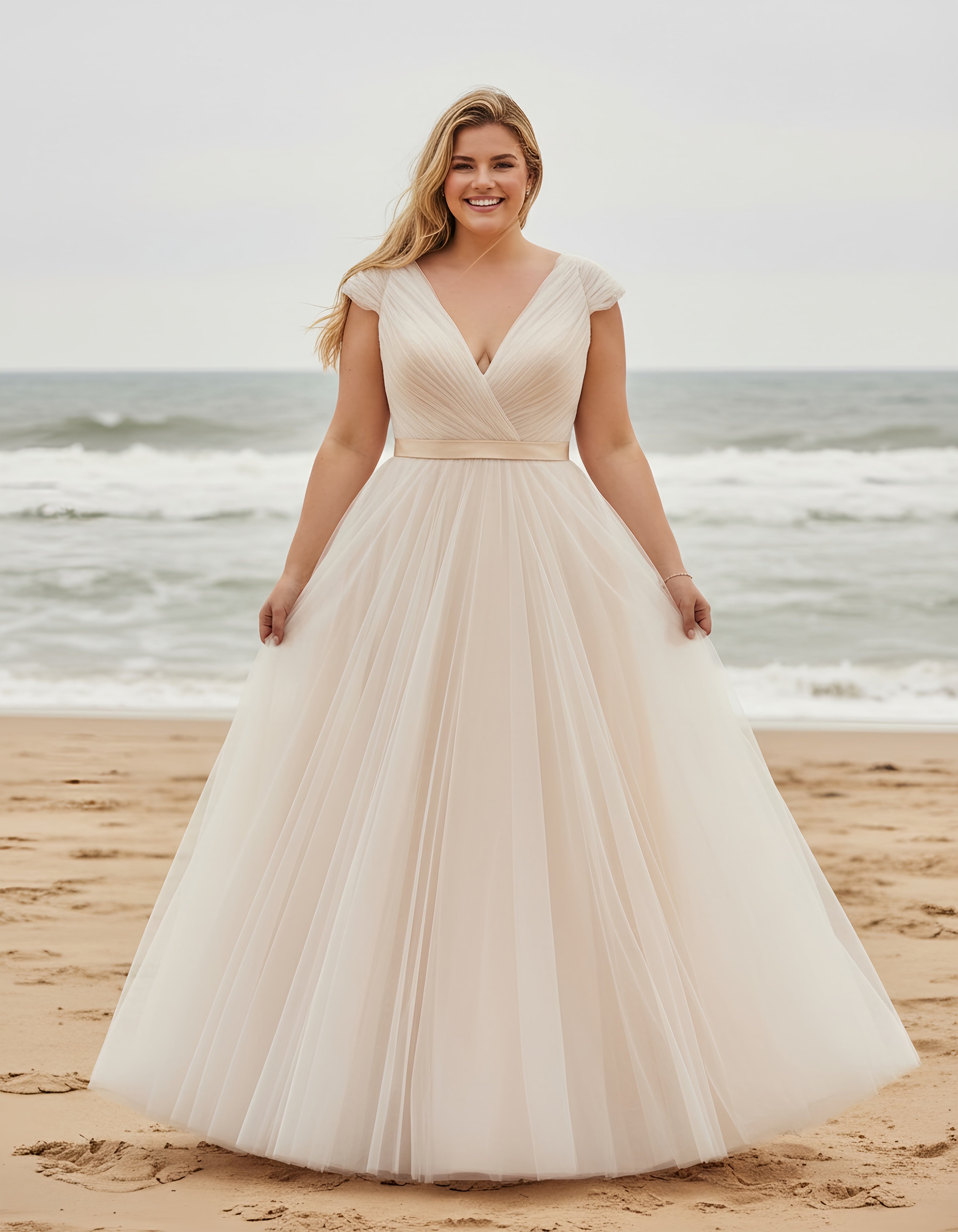 Plus Size Cap Sleeves V-neck Pleated Tulle Princess Bridal Gown with Detachable Sash
