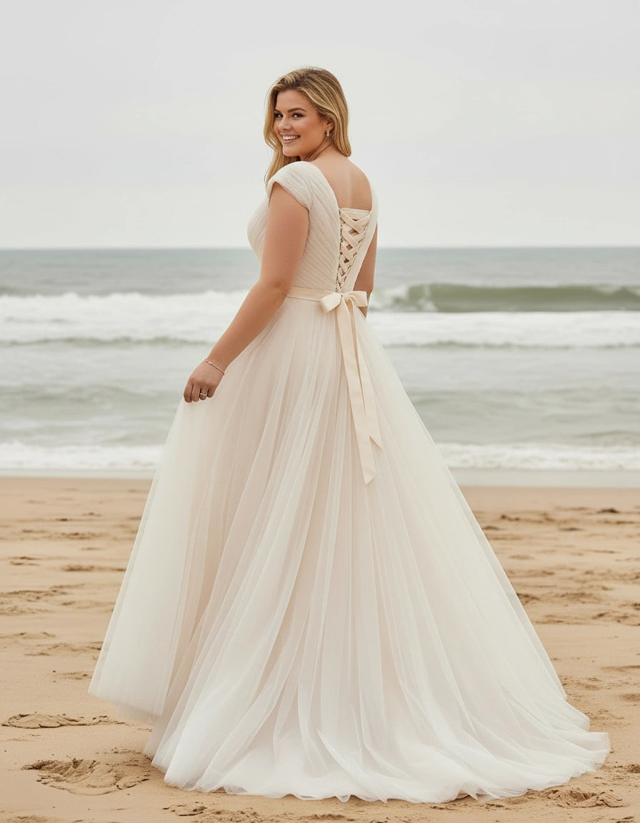 Plus Size Cap Sleeves V-neck Pleated Tulle Princess Bridal Gown with Detachable Sash