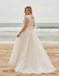 Plus Size Cap Sleeves V-neck Pleated Tulle Princess Bridal Gown with Detachable Sash