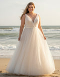 Sleeveless V-neck Pleated Bodice Tulle A-line Plus Size Wedding Dress with Belt