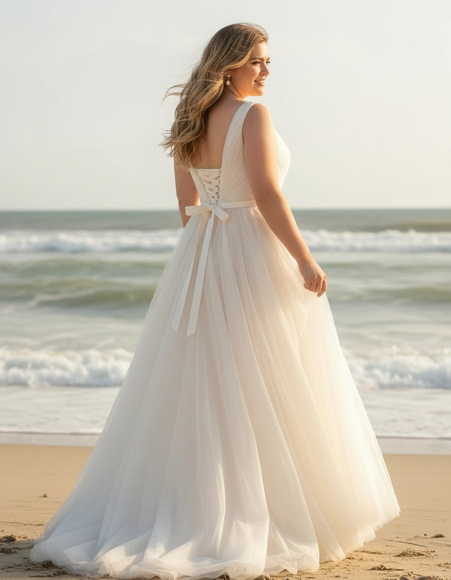 Sleeveless V-neck Pleated Bodice Tulle A-line Plus Size Wedding Dress with Belt