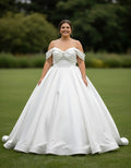 Plus Size Spaghetti Straps Off-the-shoulder Ball Gown Satin Wedding Dress