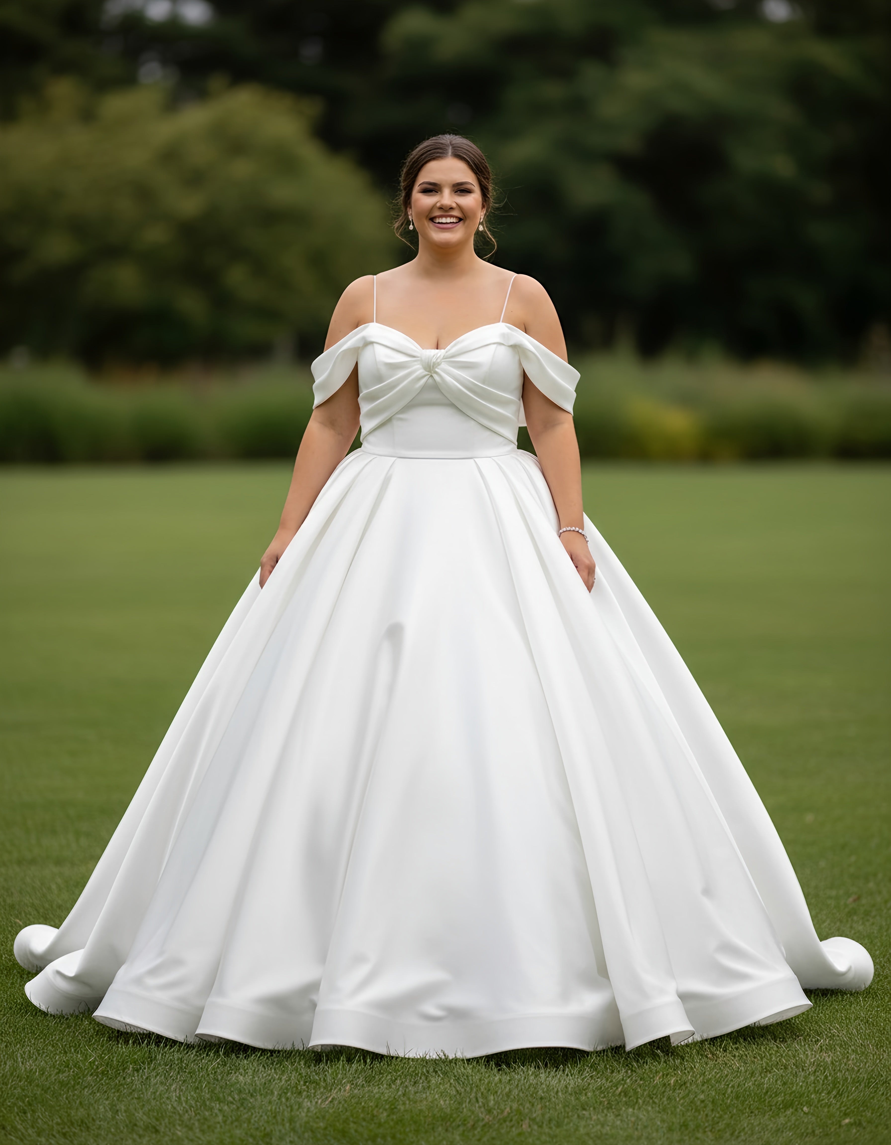 Plus Size Spaghetti Straps Off-the-shoulder Ball Gown Satin Wedding Dress
