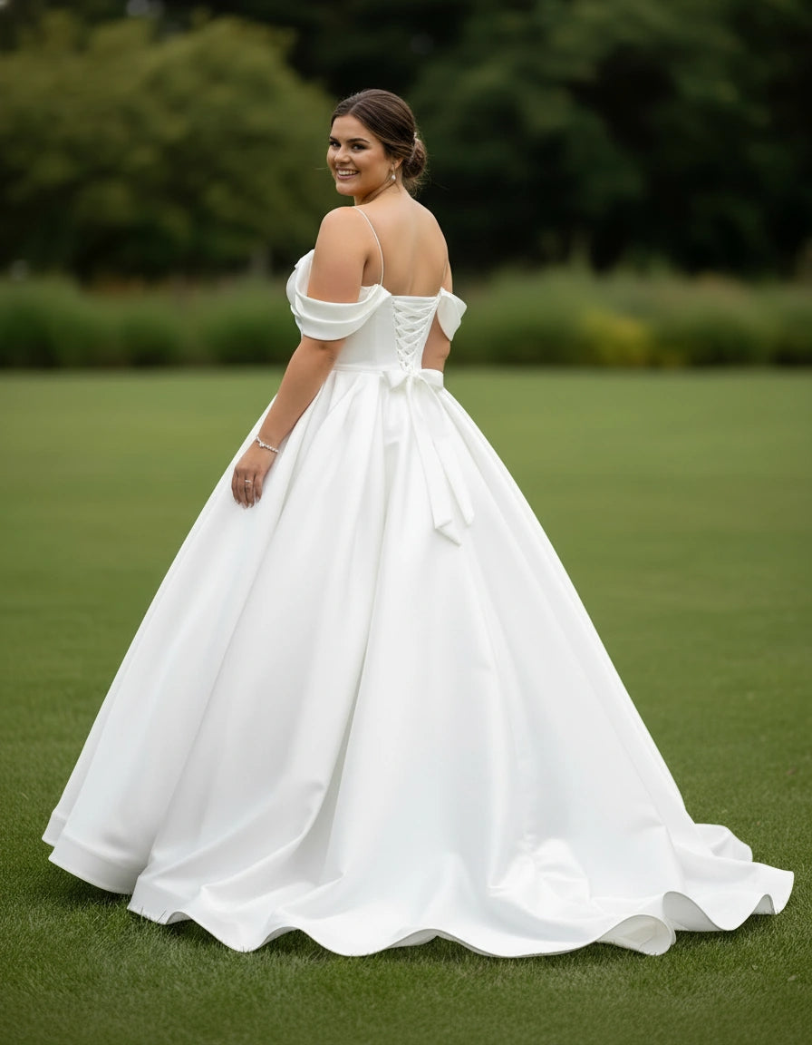 Plus Size Spaghetti Straps Off-the-shoulder Ball Gown Satin Wedding Dress