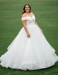 Off-the-shoulder Satin and Tulle Ball Gown Plus Size Wedding Dress
