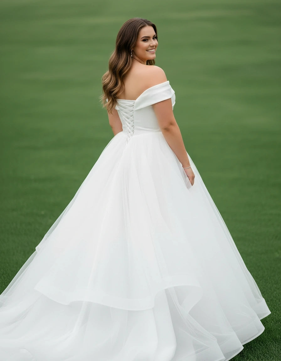 Off-the-shoulder Satin and Tulle Ball Gown Plus Size Wedding Dress