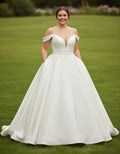 Spaghetti Straps Off-the-shoulder Ball Gown Plus Size Satin Wedding Dress with Pockets