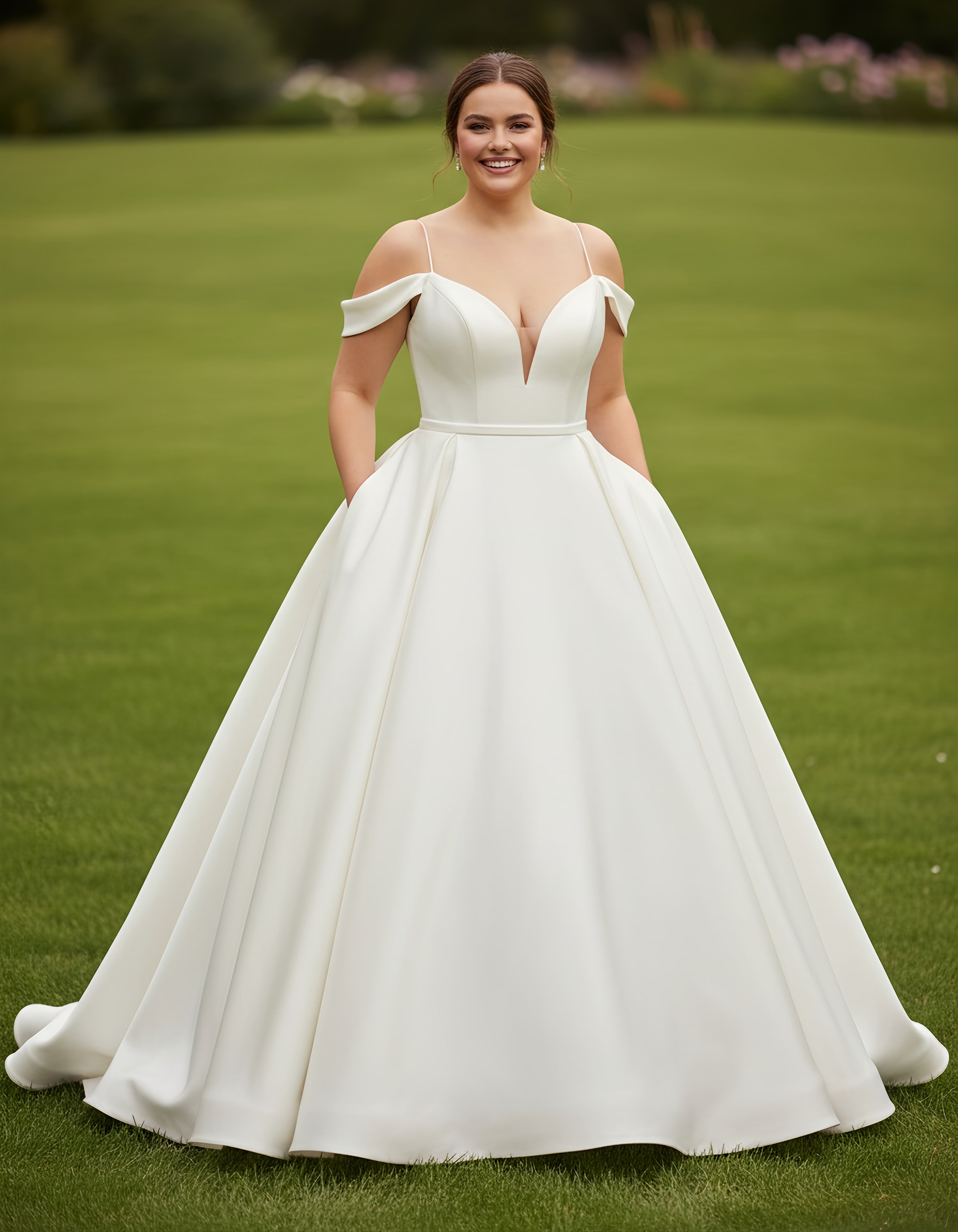 Spaghetti Straps Off-the-shoulder Ball Gown Plus Size Satin Wedding Dress with Pockets