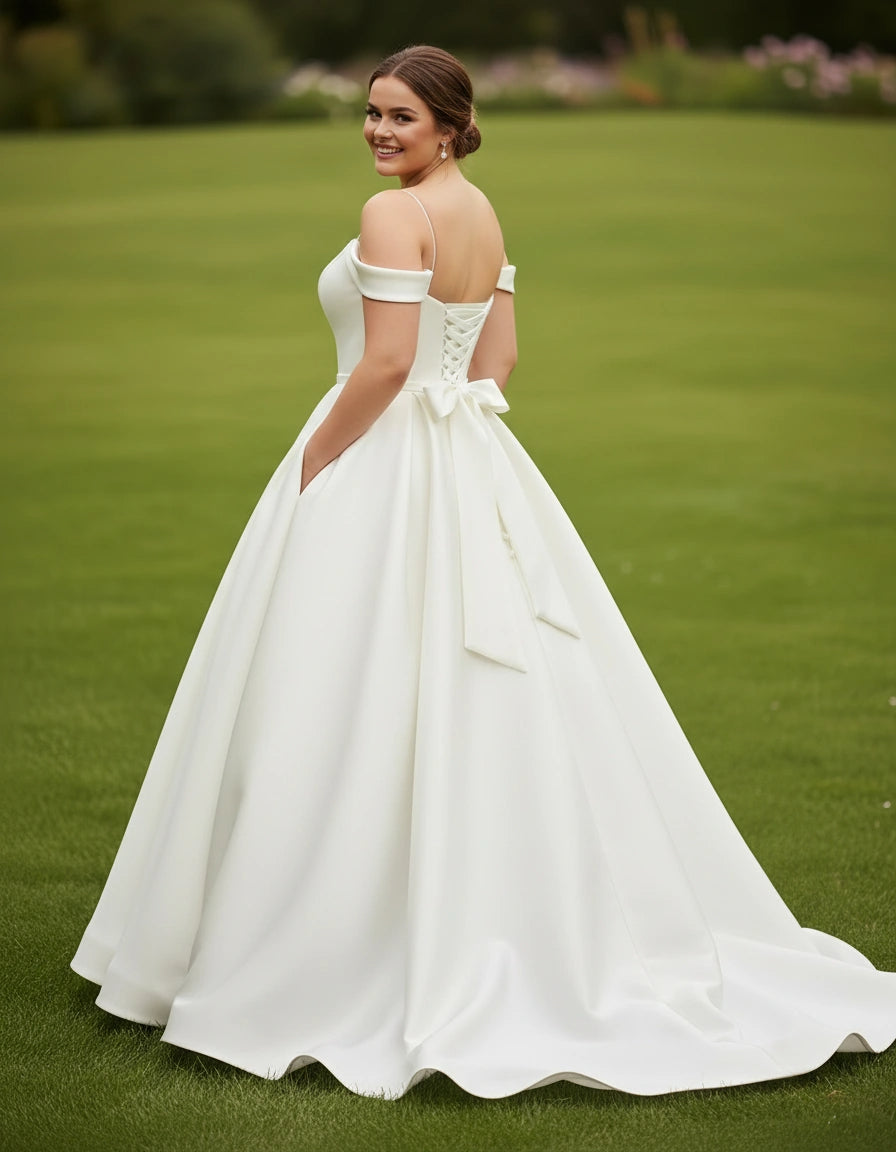 Spaghetti Straps Off-the-shoulder Ball Gown Plus Size Satin Wedding Dress with Pockets