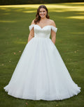 Off-the-shoulder Satin and Tulle Plus Size Ball Gown Wedding Dress with Belt