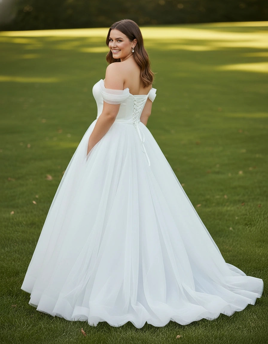 Off-the-shoulder Satin and Tulle Plus Size Ball Gown Wedding Dress with Belt