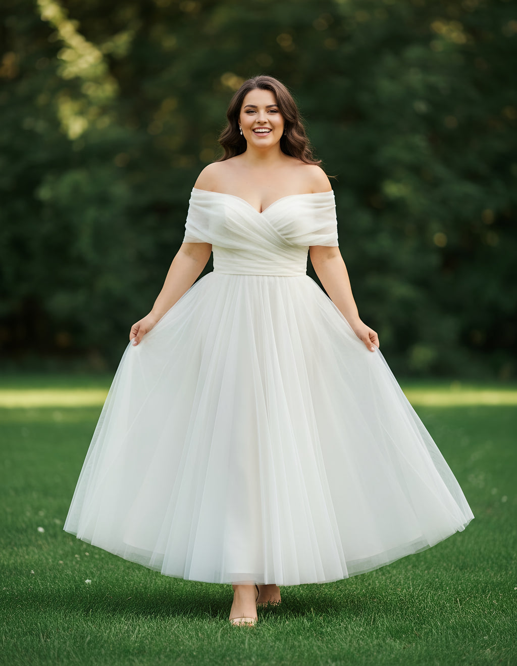 Off-the-shoulder A-line Tulle Ankle Length Plus Size Wedding Dress