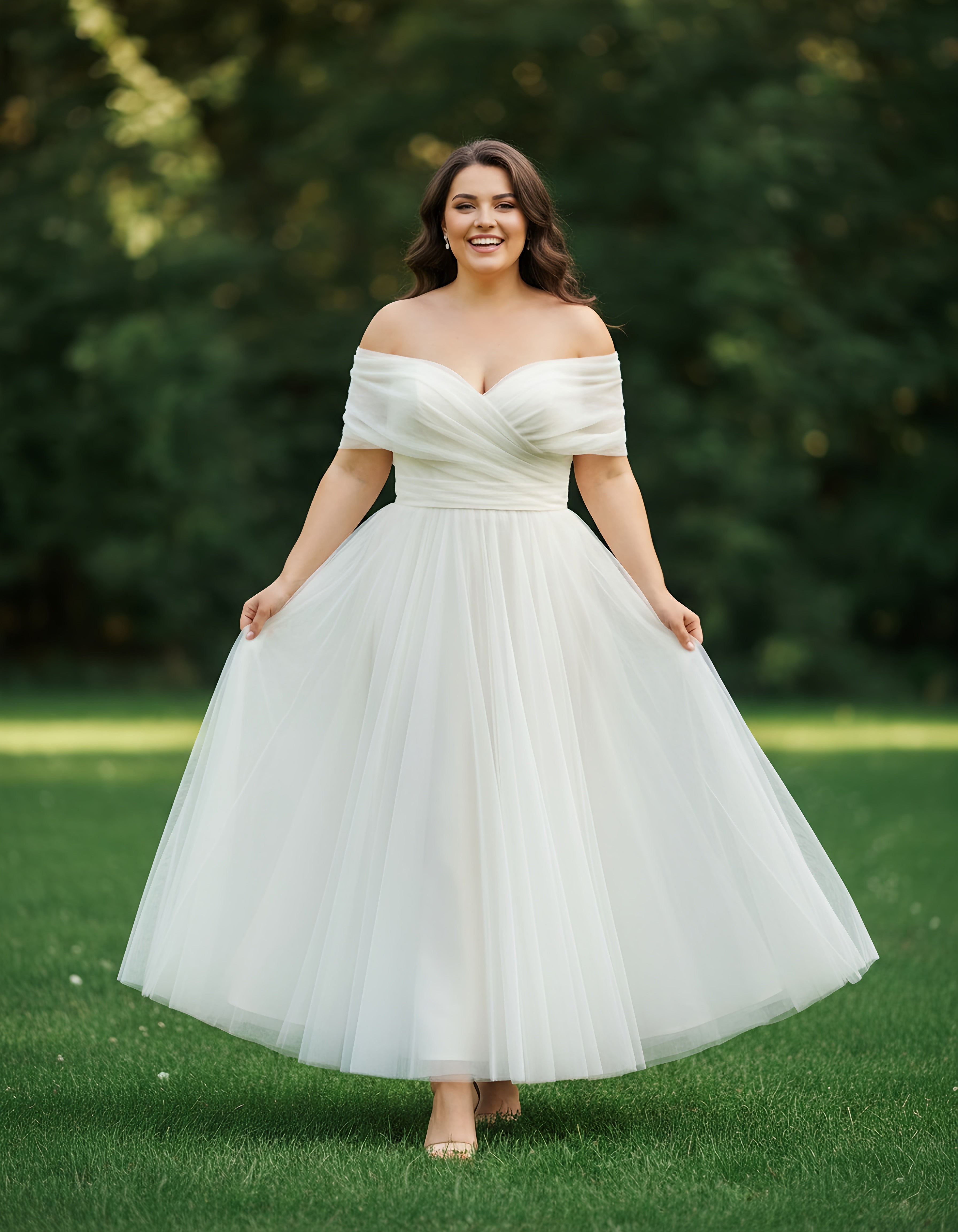Off-the-shoulder A-line Tulle Ankle Length Plus Size Wedding Dress