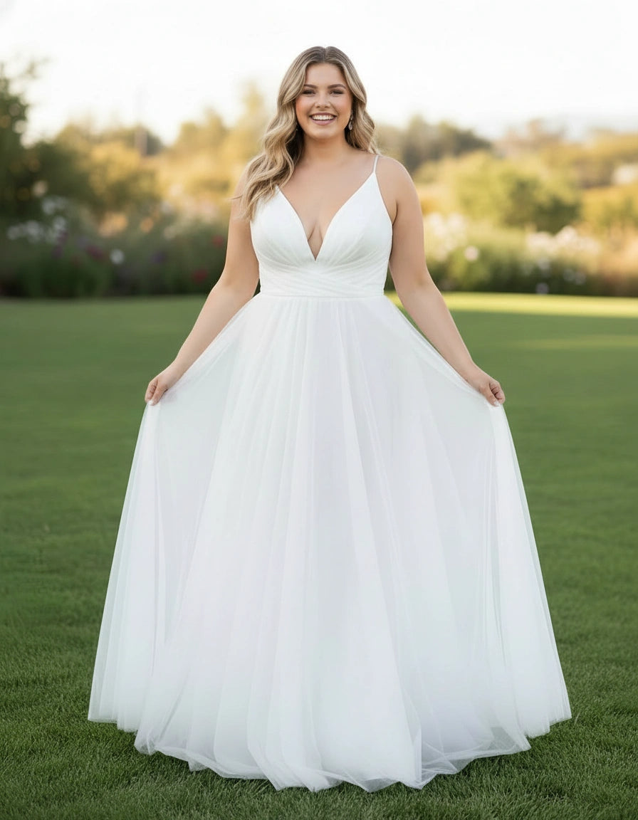 Simple Spaghetti Straps A-line Tulle Plus Size Wedding Dress