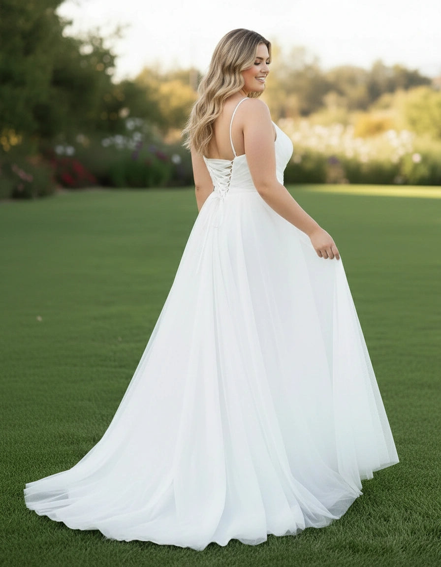 Simple Spaghetti Straps A-line Tulle Plus Size Wedding Dress
