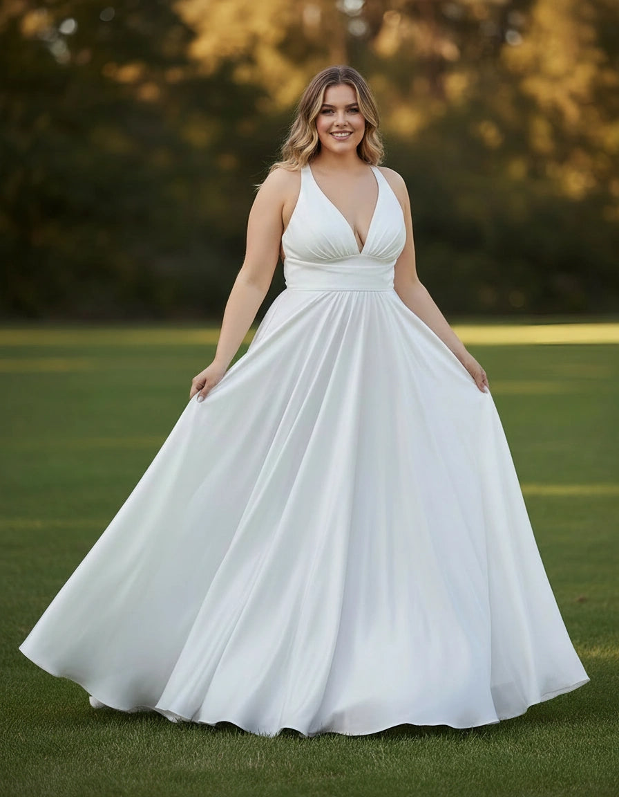 V-neck Satin A-line Plus Size Bridal Gown