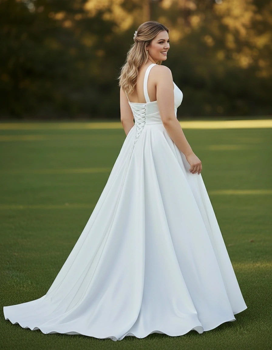 V-neck Satin A-line Plus Size Bridal Gown