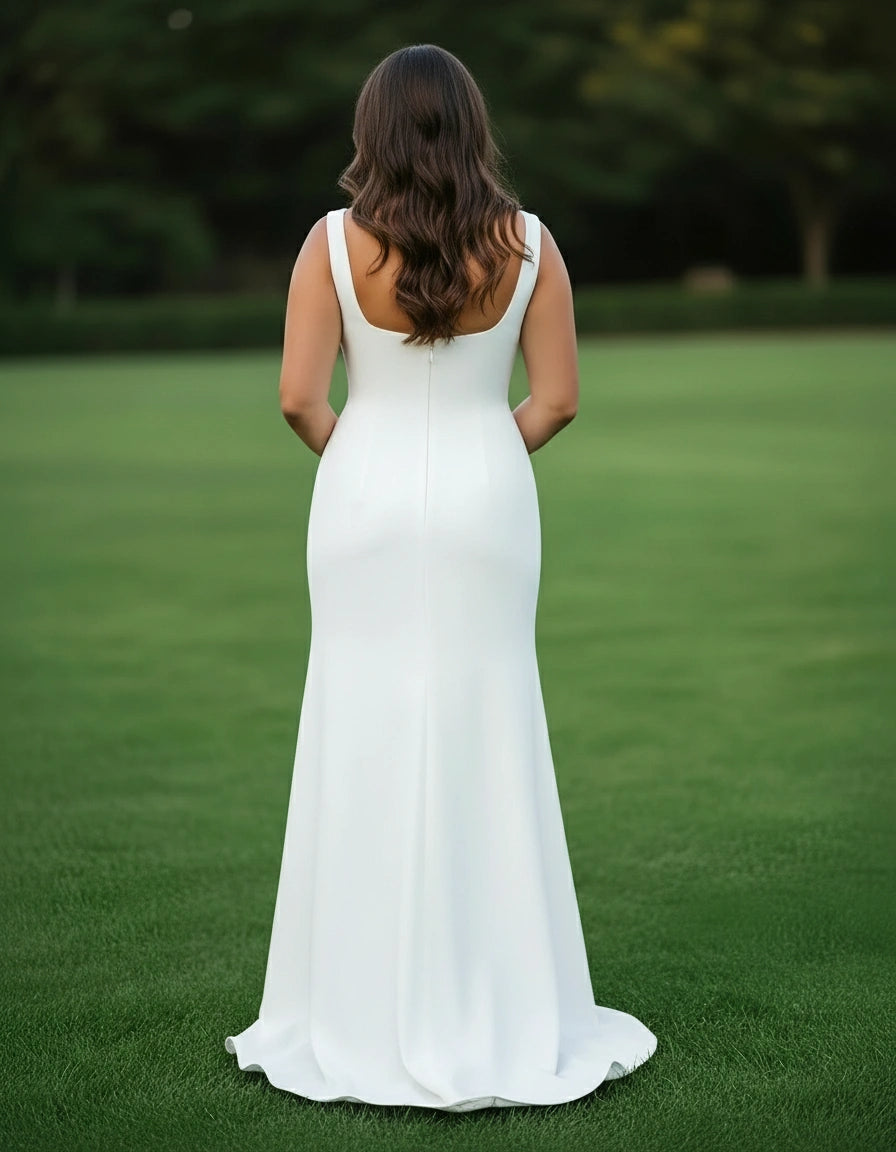 Minimalist Square Neck Satin Sheath Plus Size Wedding Dress