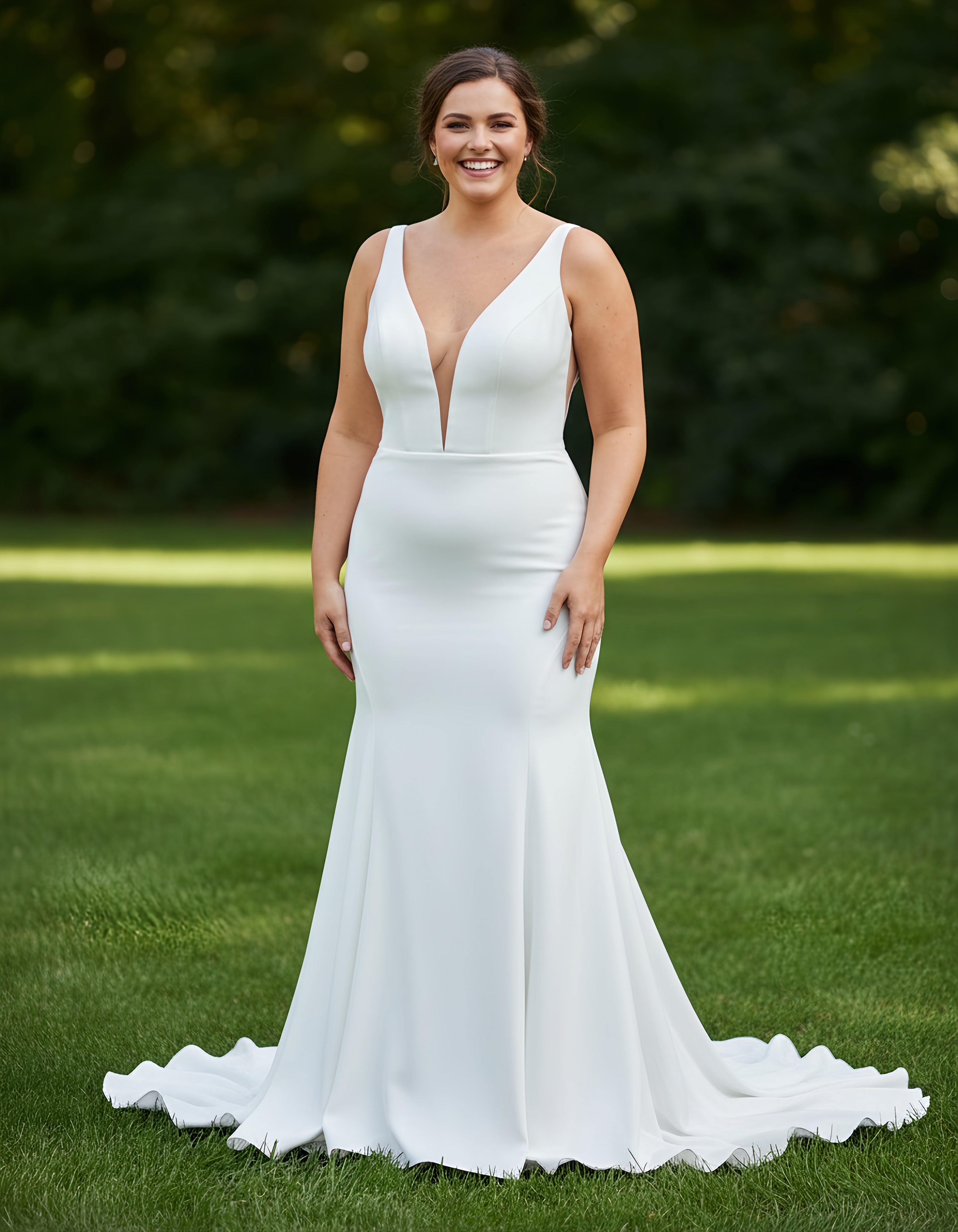 Plunging Neckline Sleeveless Satin Mermaid Plus Size Bridal Gown