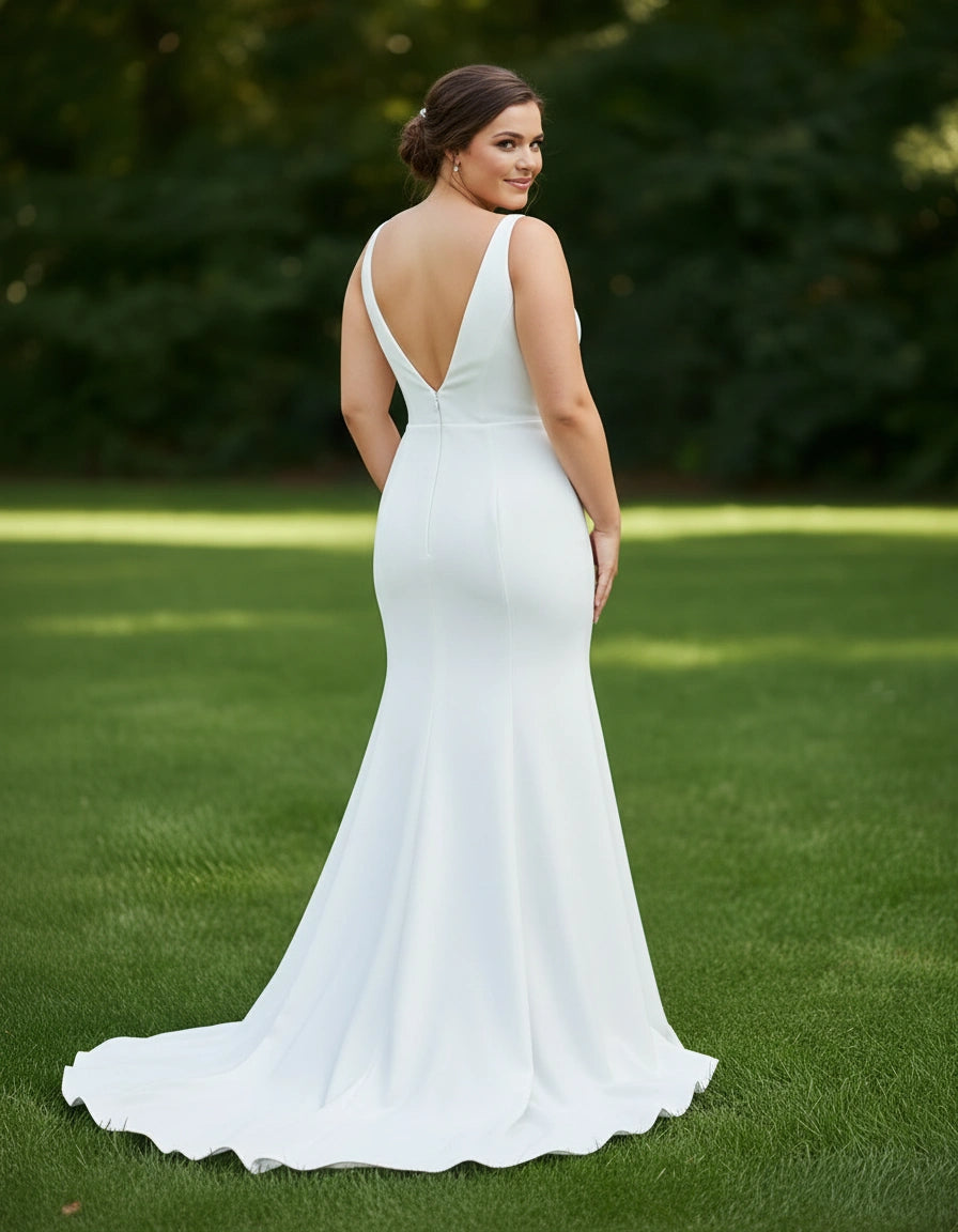 Plunging Neckline Sleeveless Satin Mermaid Plus Size Bridal Gown