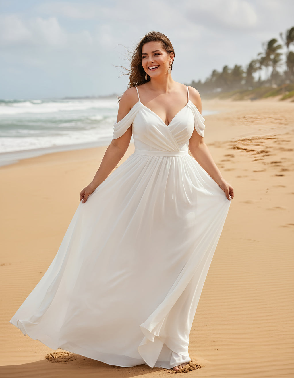 Spaghetti Straps Off-the-shoulder Chiffon A-line Plus Size Wedding Dress with Sash