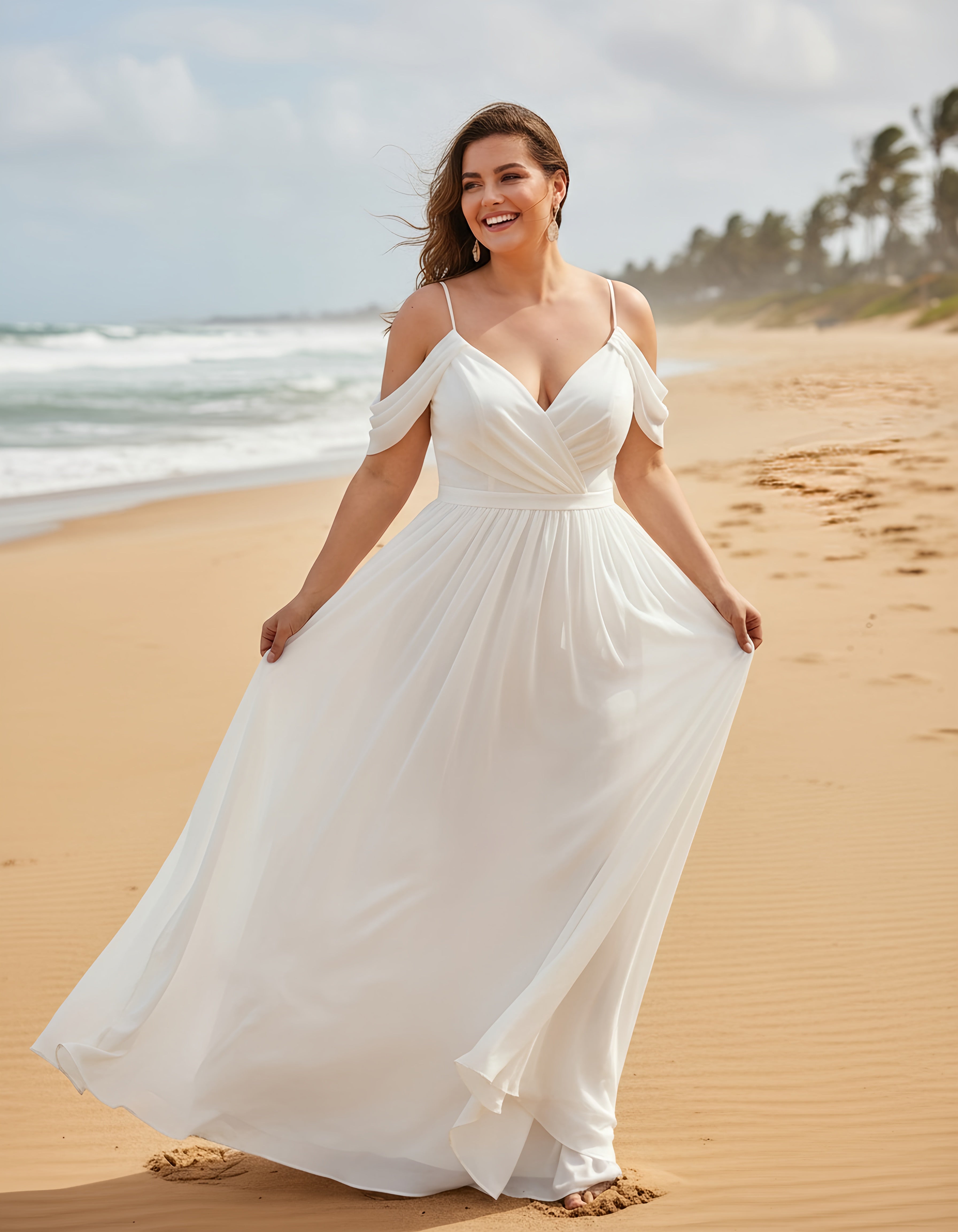 Spaghetti Straps Off-the-shoulder Chiffon A-line Plus Size Wedding Dress with Sash