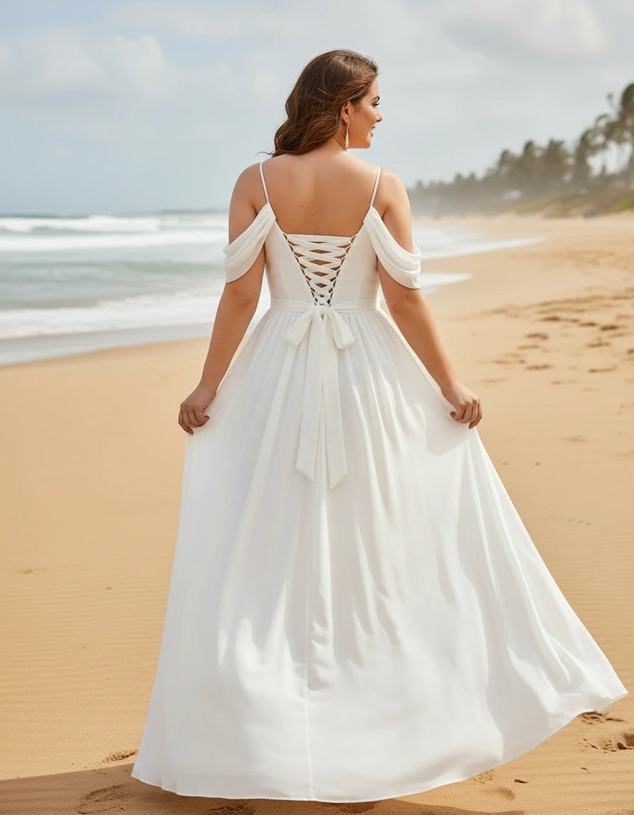 Spaghetti Straps Off-the-shoulder Chiffon A-line Plus Size Wedding Dress with Sash