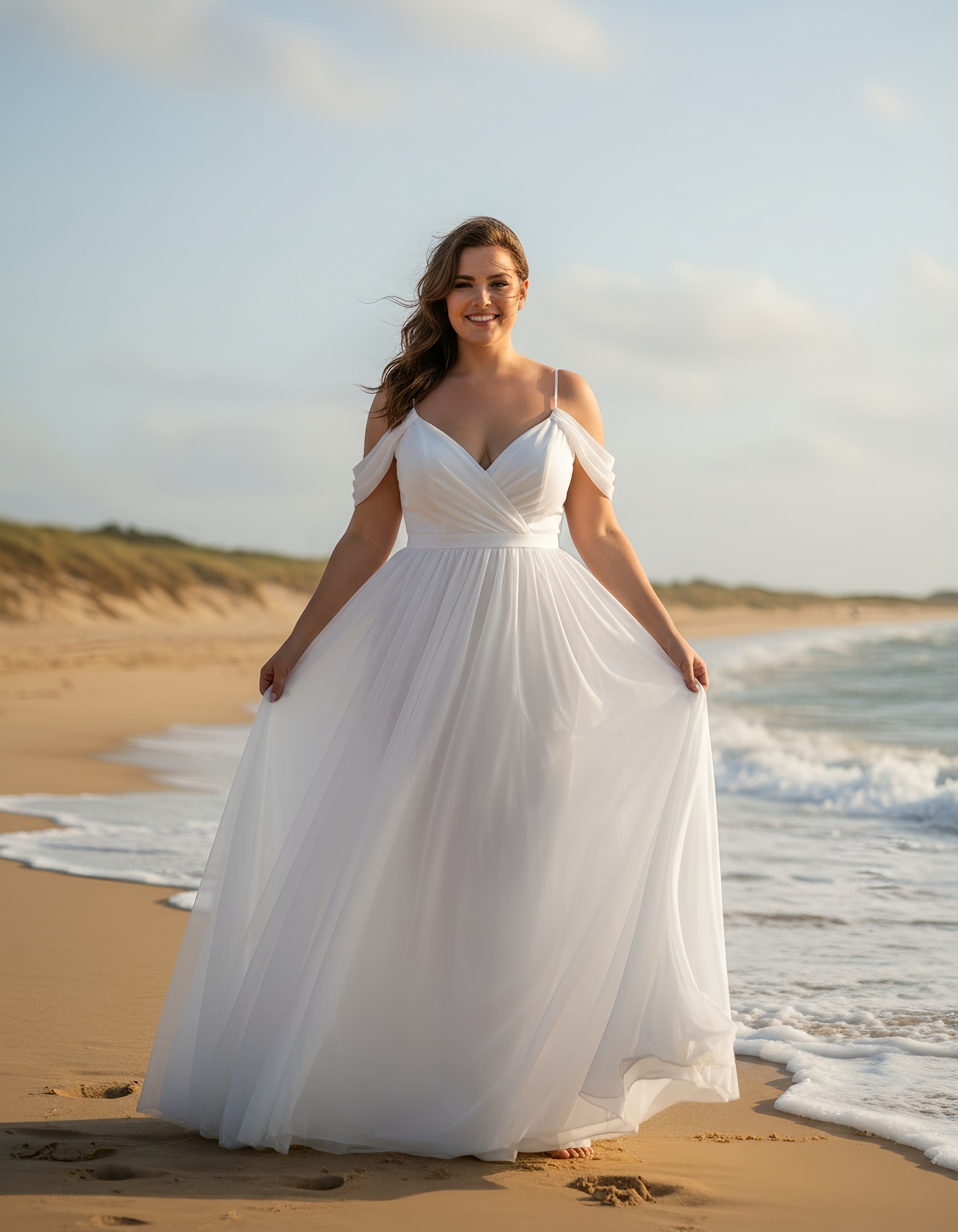 Spaghetti Straps Off-the-shoulder Chiffon A-line Plus Size Wedding Dress with Sash