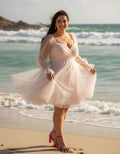 Long Sleeves Pleated Tulle Short Plus Size Wedding Dress