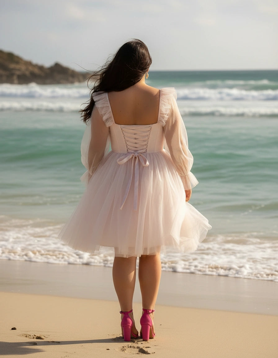 Long Sleeves Pleated Tulle Short Plus Size Wedding Dress