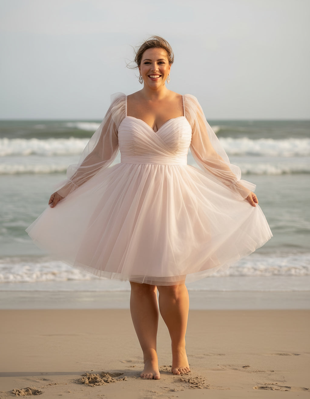 Long Sleeves Pleated Tulle Short Plus Size Wedding Dress