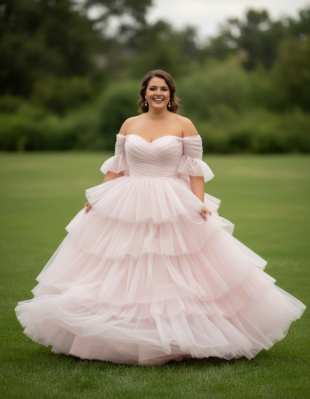 Off-the-shoulder Half Sleeves Layered Skirt Ball Gown Plus Size Wedding Dress
