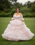 Off-the-shoulder Half Sleeves Layered Skirt Ball Gown Plus Size Wedding Dress