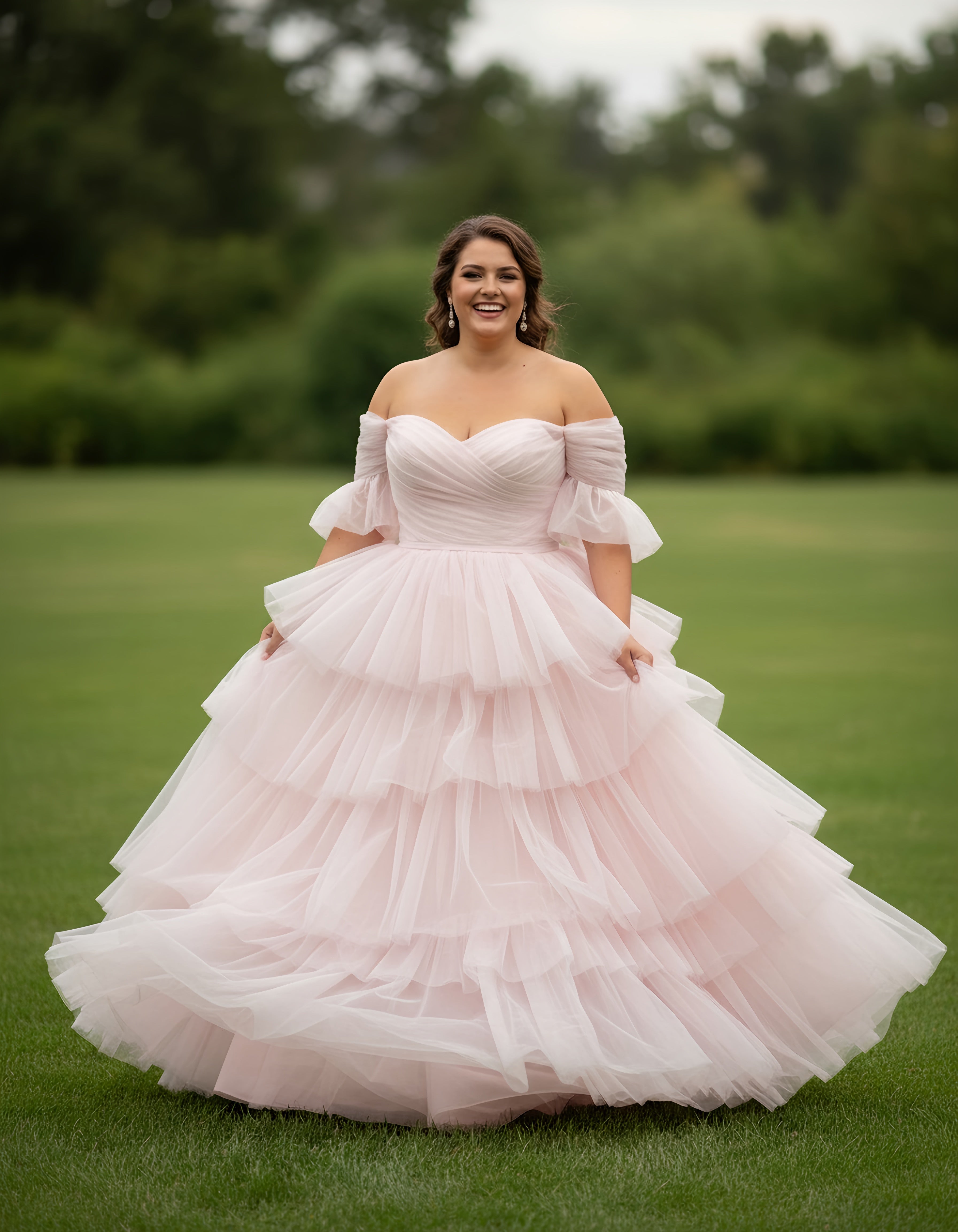 Off-the-shoulder Half Sleeves Layered Skirt Ball Gown Plus Size Wedding Dress