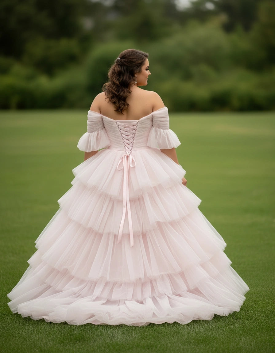 Off-the-shoulder Half Sleeves Layered Skirt Ball Gown Plus Size Wedding Dress