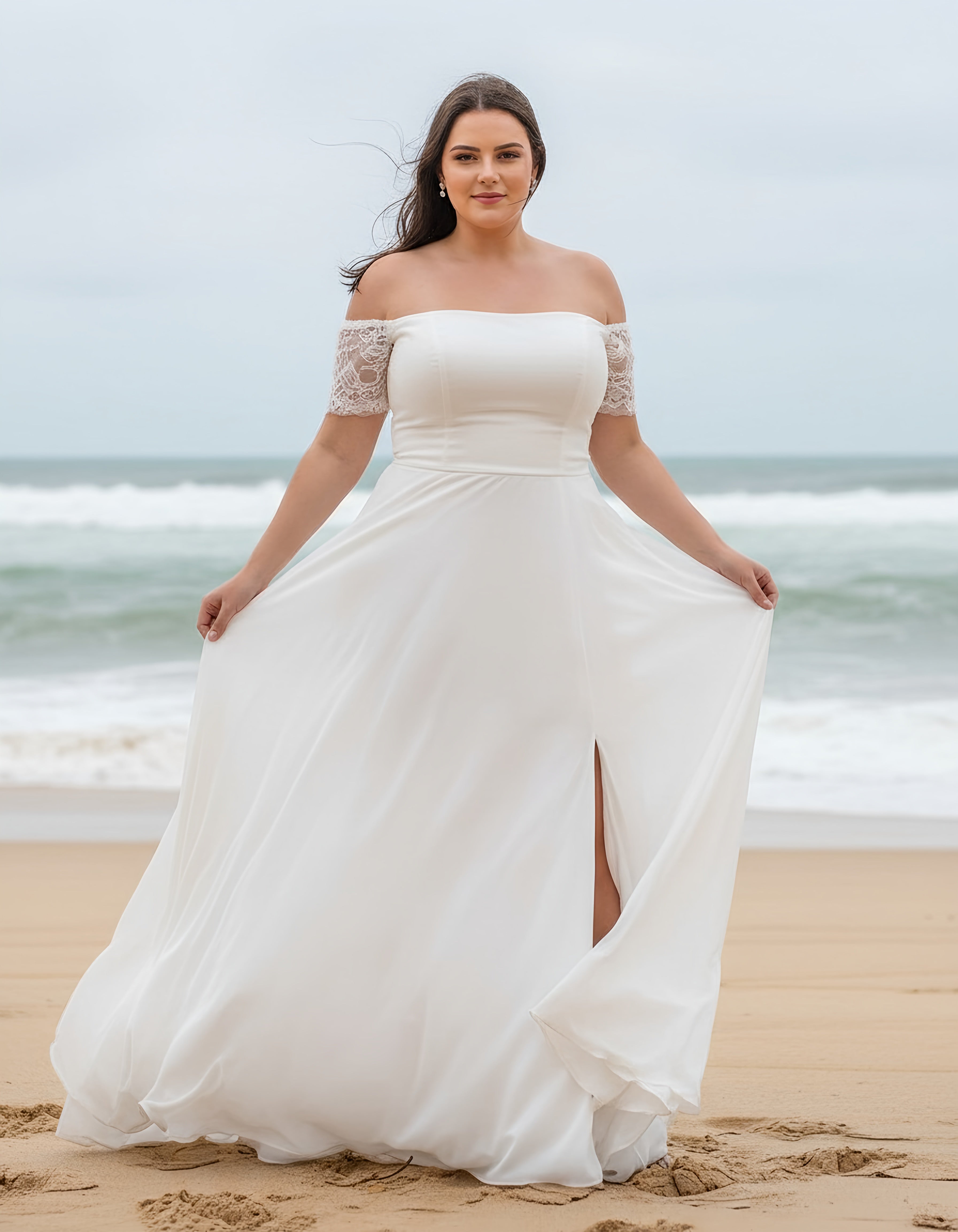 Off-the-shoulder Lace Sleeves Chiffon A-line Plus Size Wedding Dress with Slit