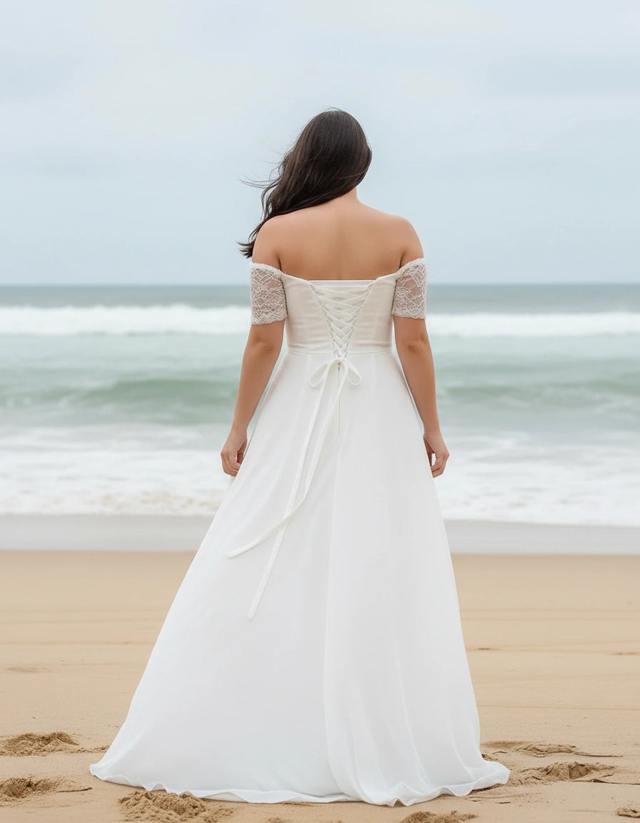 Off-the-shoulder Lace Sleeves Chiffon A-line Plus Size Wedding Dress with Slit