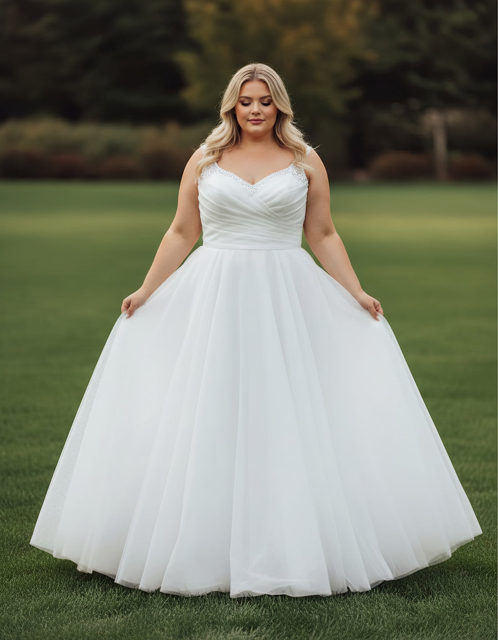 Sequined Straps V-neck A-line Tulle Plus Size Wedding Gown
