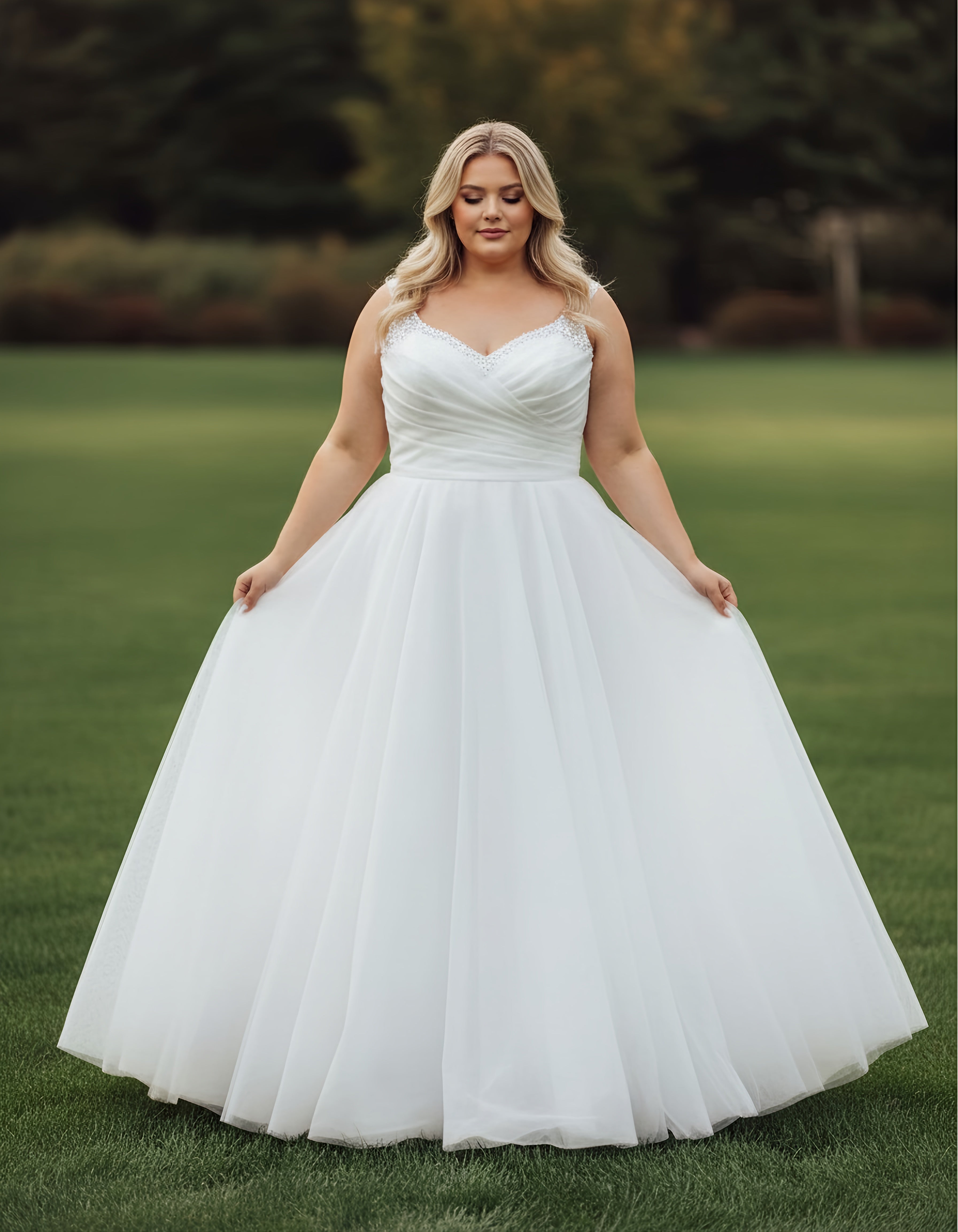 Sequined Straps V-neck A-line Tulle Plus Size Wedding Gown
