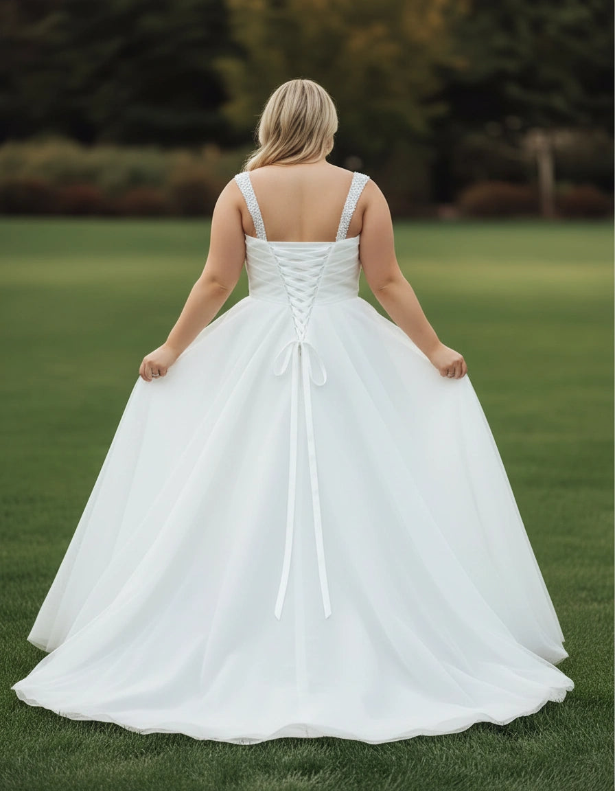 Sequined Straps V-neck A-line Tulle Plus Size Wedding Gown