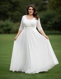 3/4 Sleeves Modest Pleated Waist Chiffon A-line Plus Size Wedding Dress