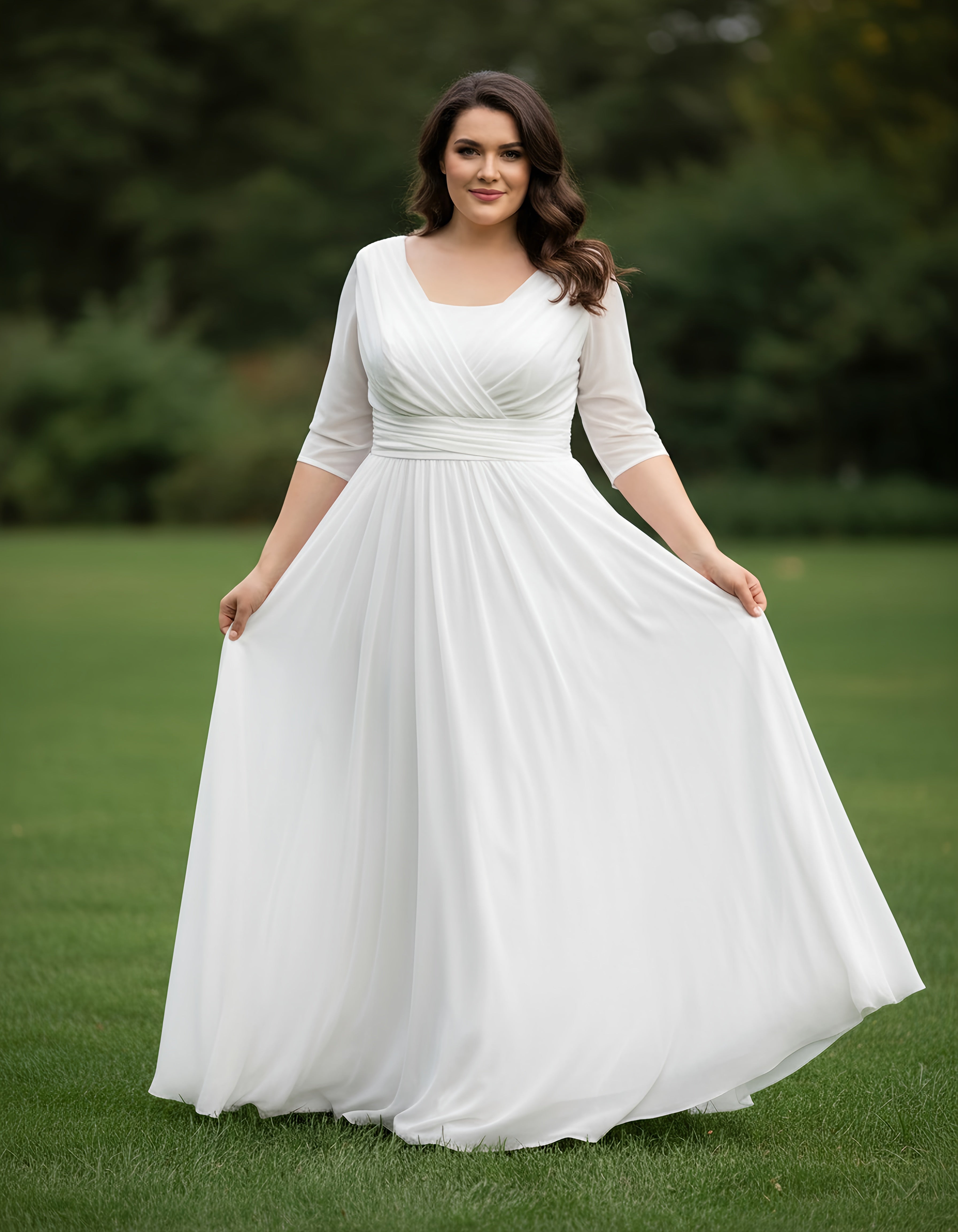 3/4 Sleeves Modest Pleated Waist Chiffon A-line Plus Size Wedding Dress
