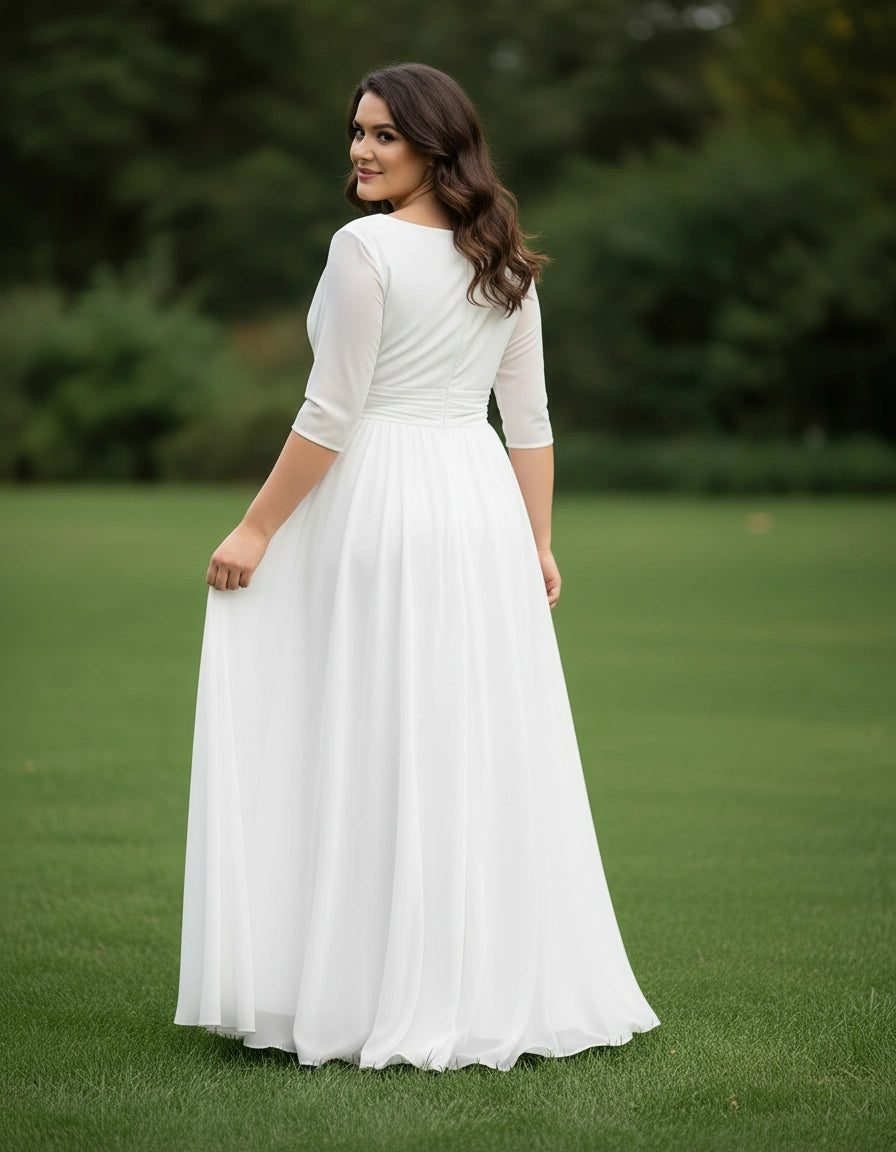 3/4 Sleeves Modest Pleated Waist Chiffon A-line Plus Size Wedding Dress