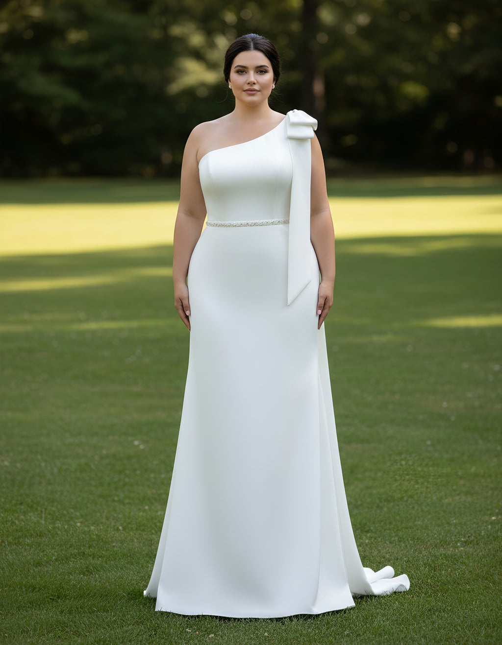 One Shoulder Beaded Waist Satin Sheath Plus Size Wedding Gown