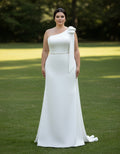 One Shoulder Beaded Waist Satin Sheath Plus Size Wedding Gown