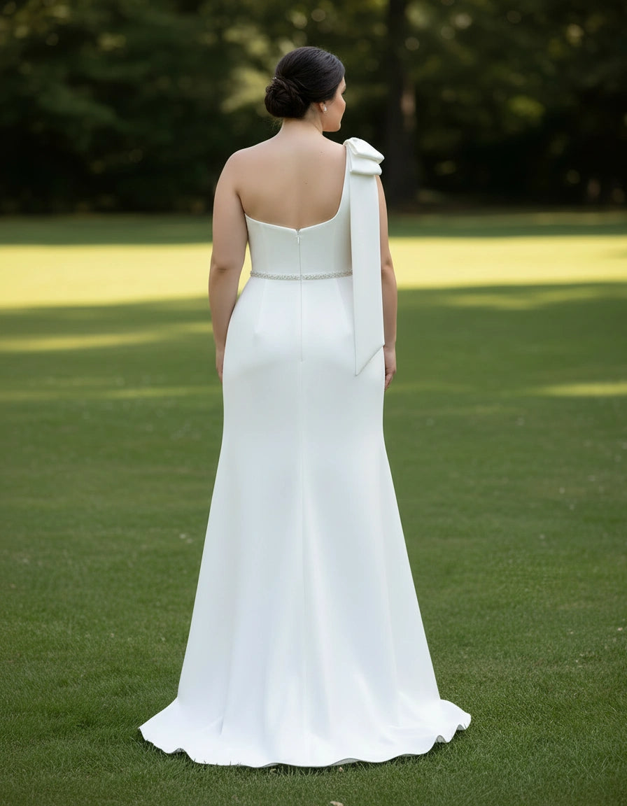 One Shoulder Beaded Waist Satin Sheath Plus Size Wedding Gown